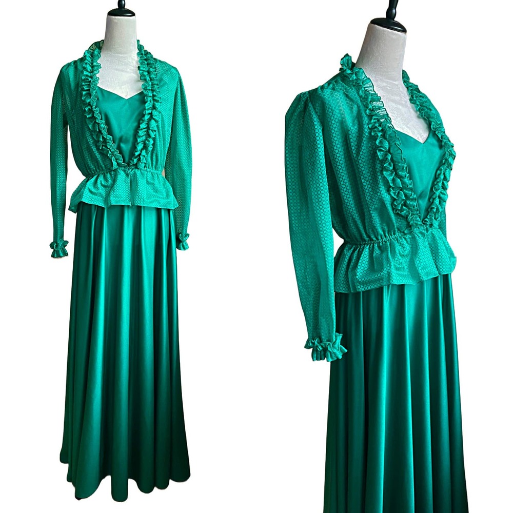 Vintage 1970s Emerald Green  2 pc Formal Set Maxi Dress